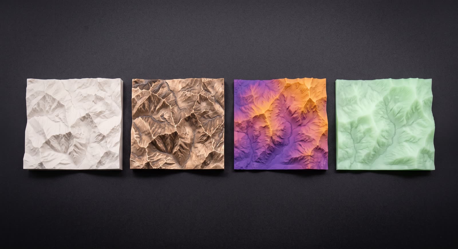 Quatre reliefs 3D du même terrain côte à côte : finitions mate, métallisée, dégradée et phosphorescente