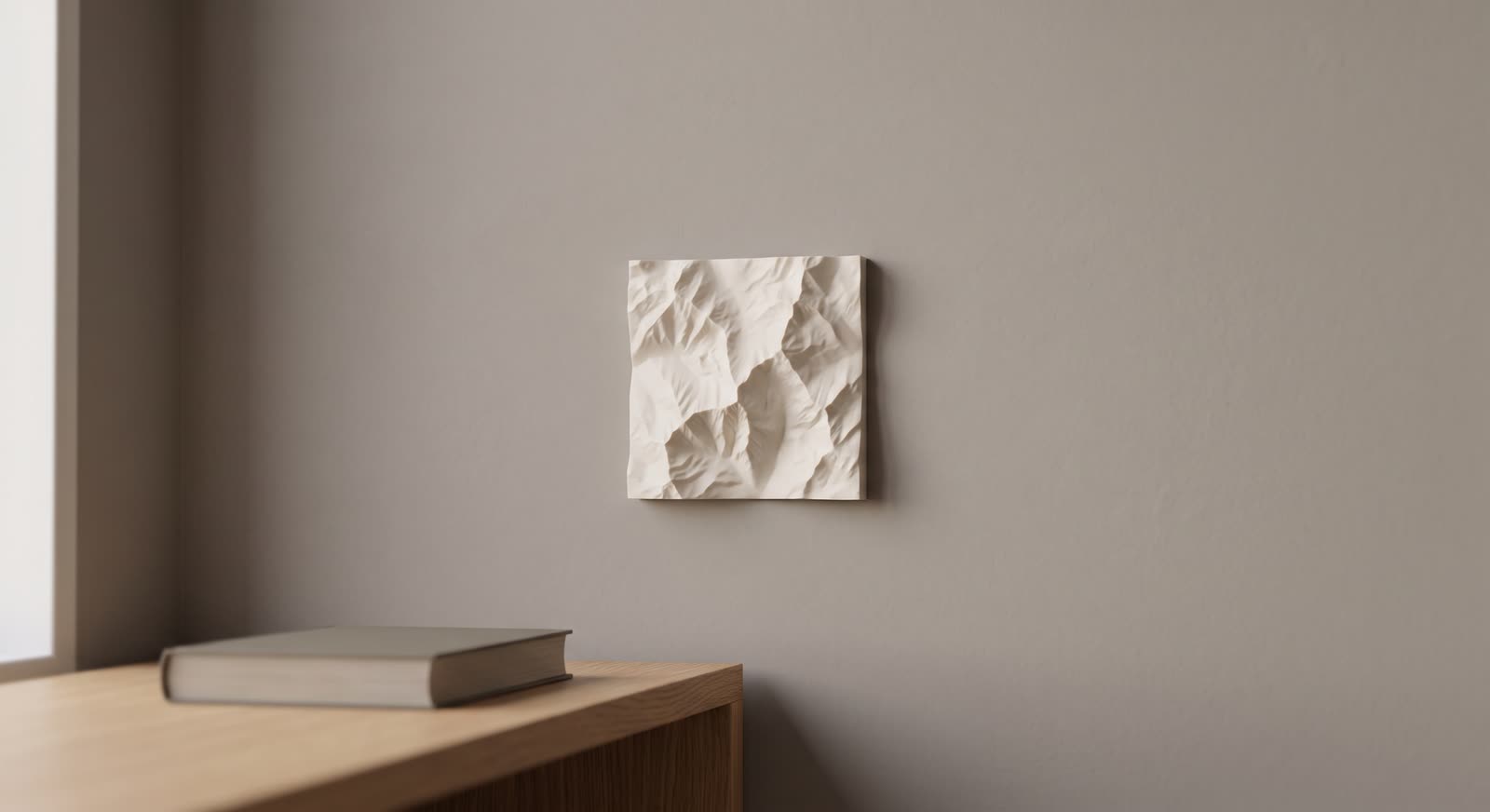 Relief 3D de montagne accroché à un mur clair, éclairé par la lumière d'une fenêtre