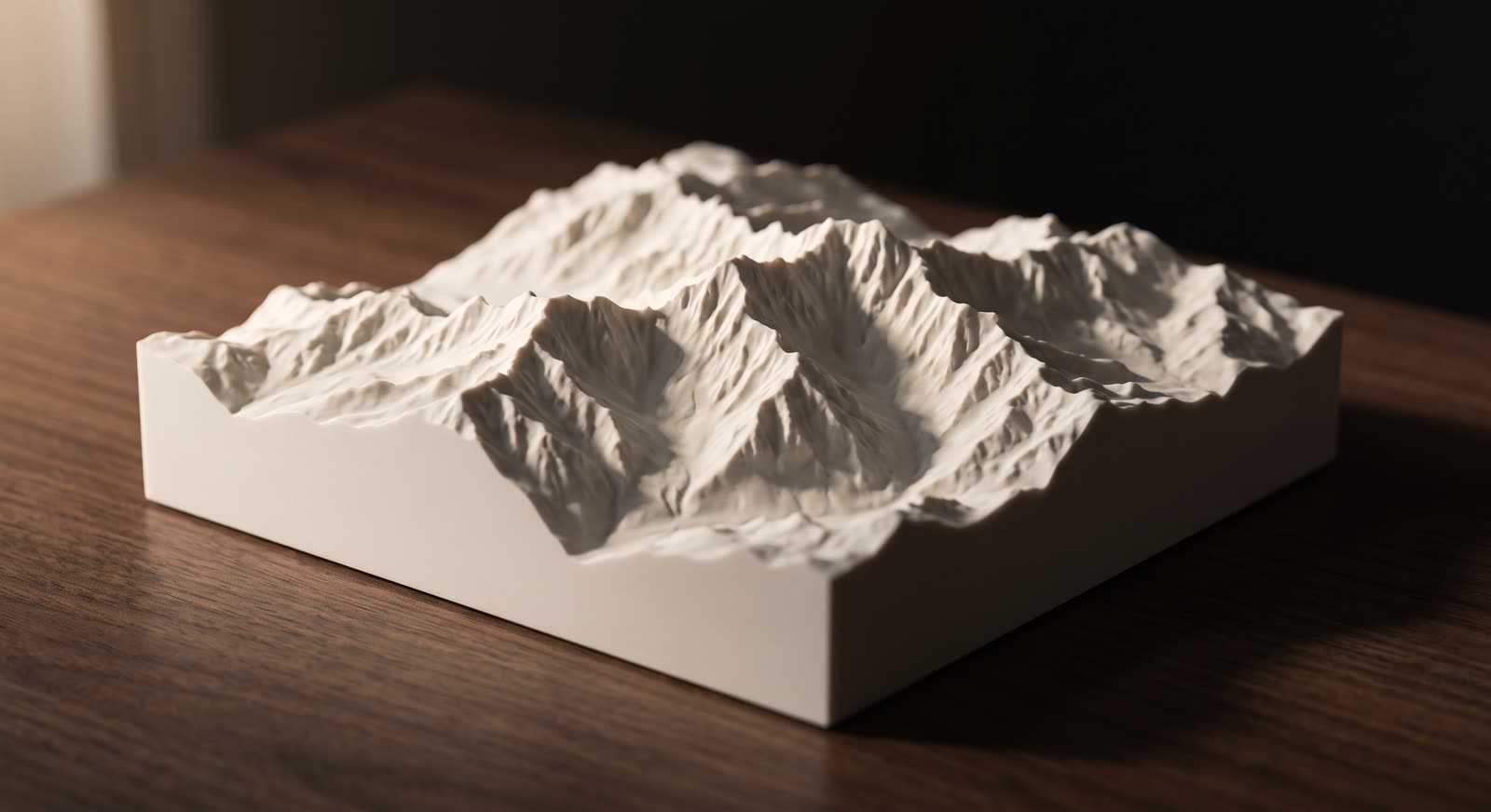 Relief 3D d'un massif alpin imprimé en PLA, finition mate ivoire, posé sur un bureau en noyer