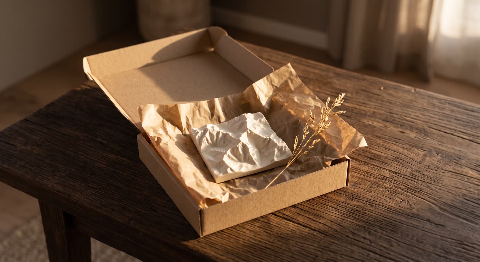 Relief 3D de montagne dans son emballage carton, calé dans du papier kraft, prêt à offrir