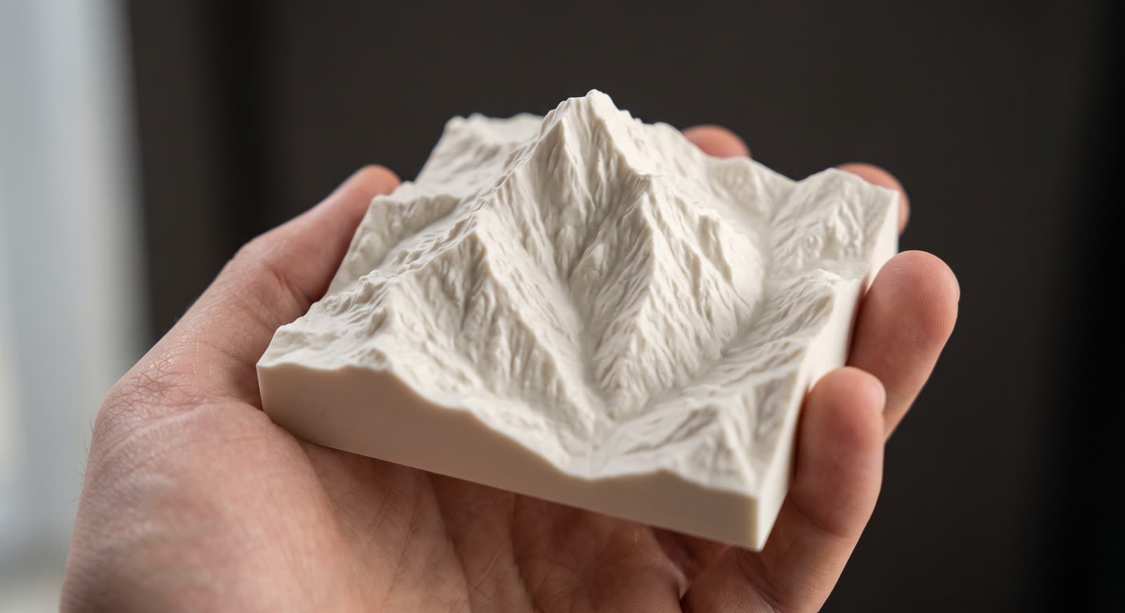 Relief 3D imprimé tenu dans une main, montrant sa taille réelle d'environ 15 centimètres